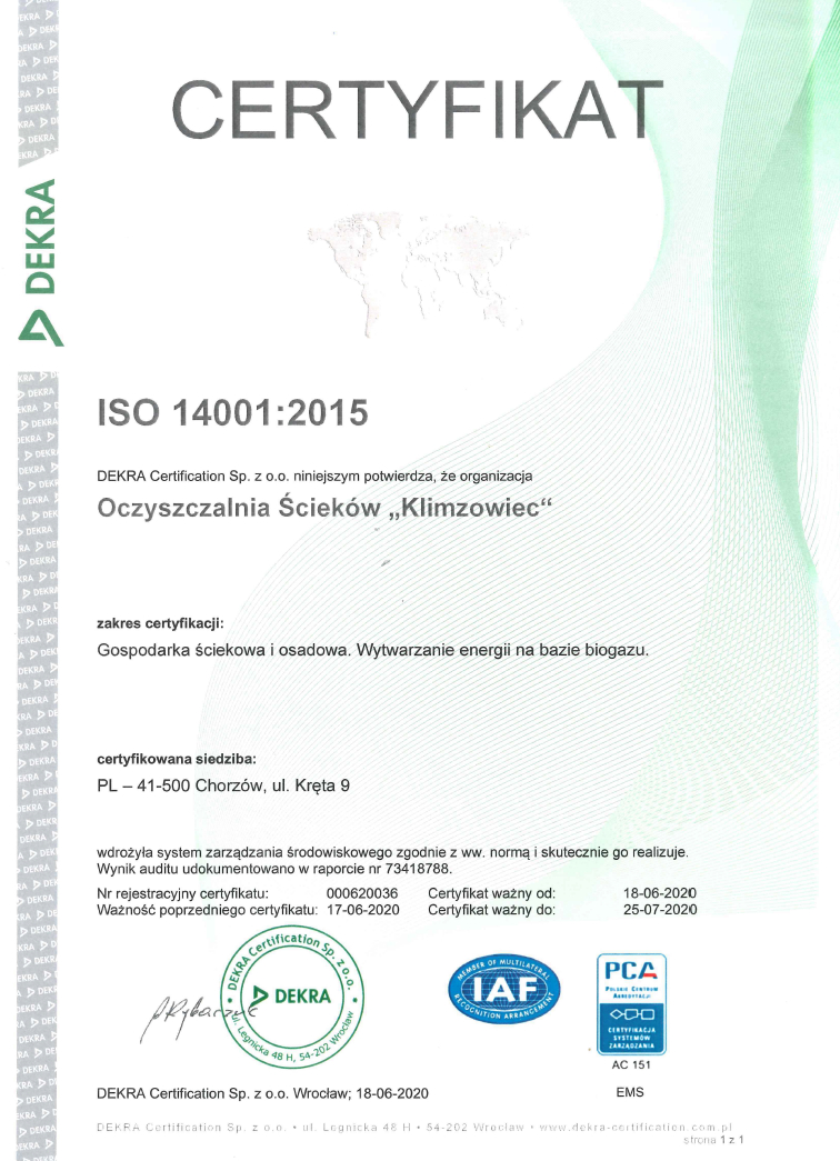 Certyfikat ISO 14001:2015 - zdjęcie niedostępne dla niewidzących